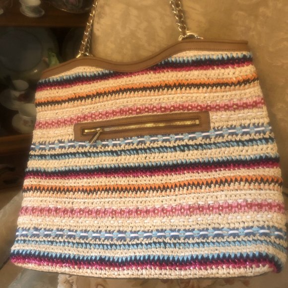 Tory Burch Marion Straw Leather Handbag Tote - Picture 4 of 8